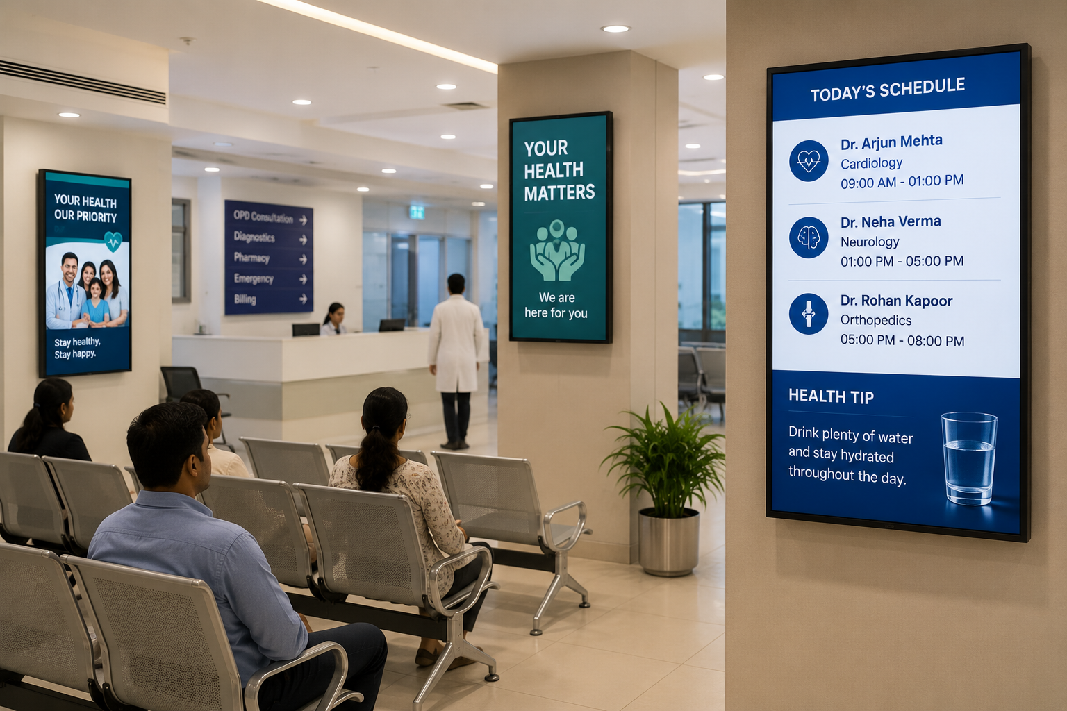 Digital Signage Displays in Multi-Speciality Hospital Reception and Waiting Area