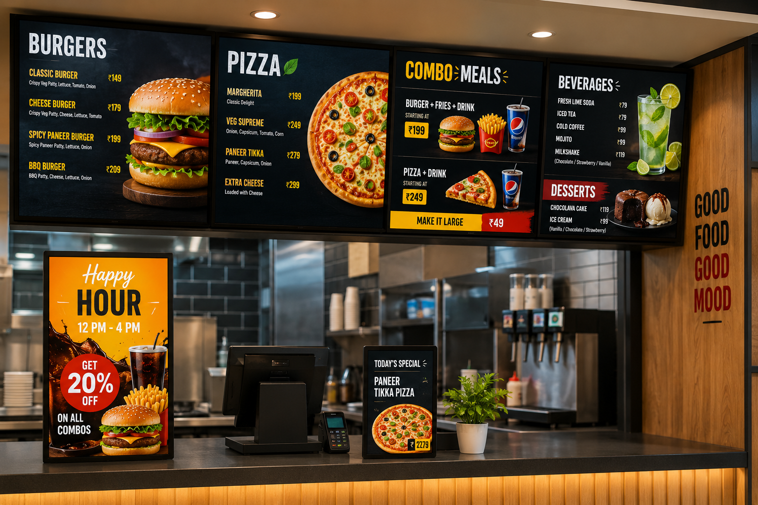 ScreenBuzz Digital Menu Boards Installed in a Modern Restaurant