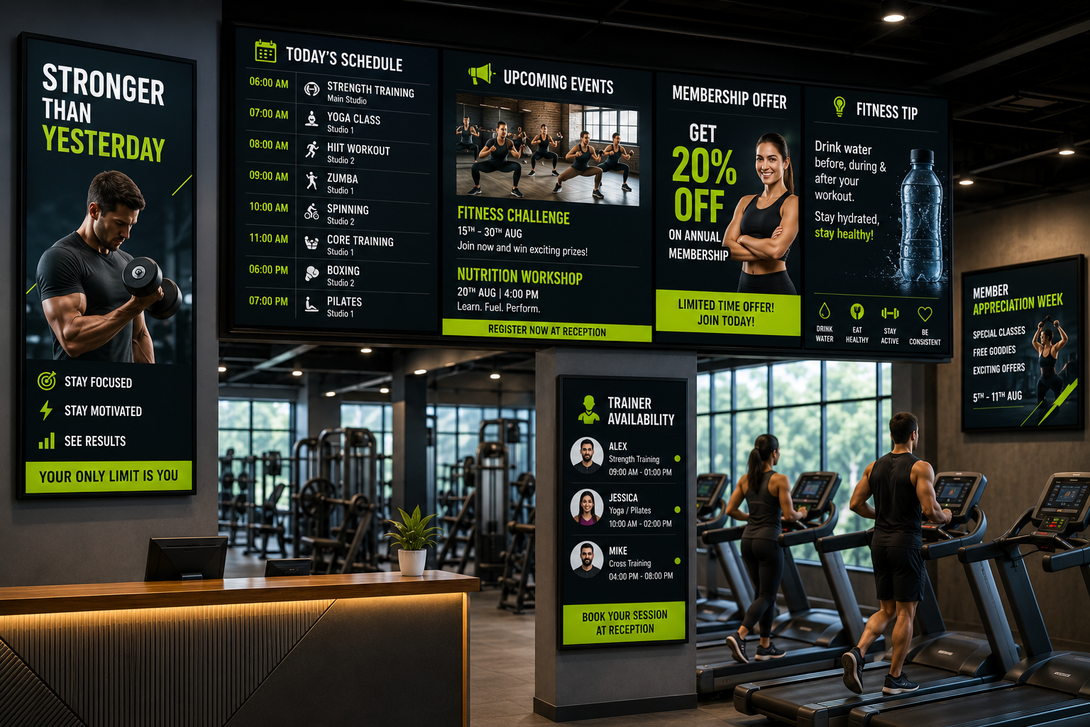 ScreenBuzz Digital Signage Displays in a Modern Fitness Center